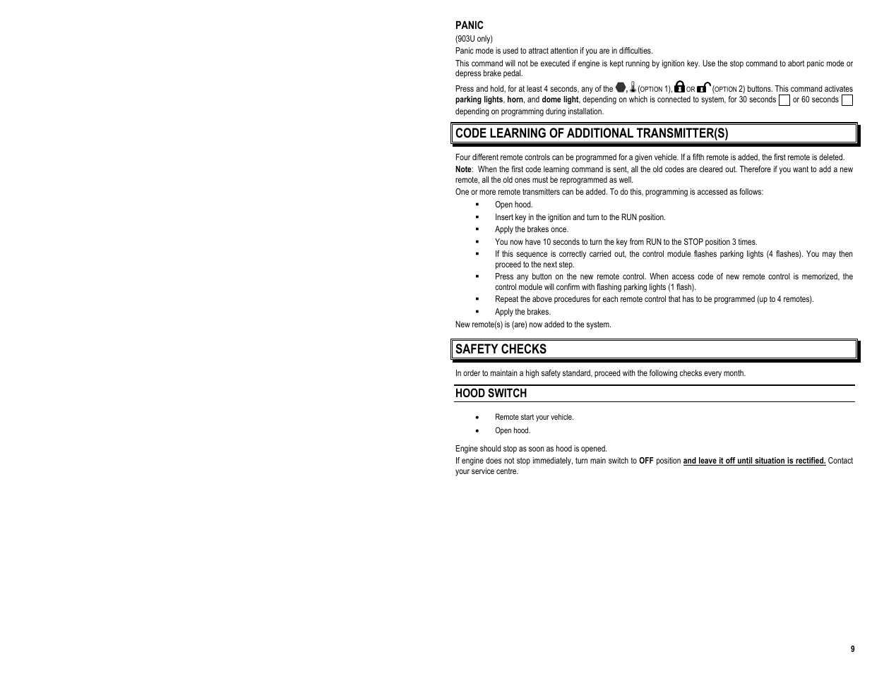 Code learning of additional transmitter(s), Safety checks, Hood switch | AstroStart 903U User Manual | Page 11 / 12