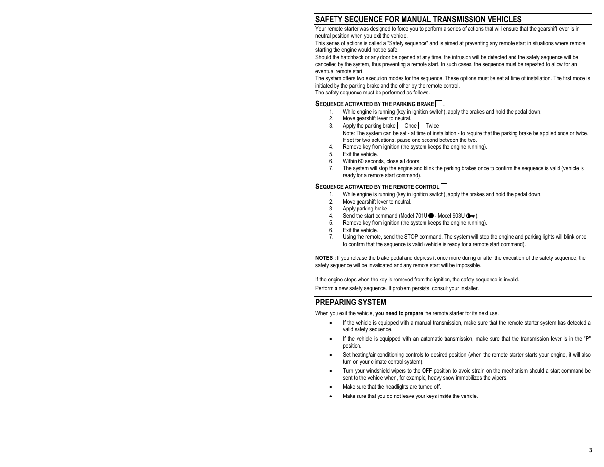 Safety sequence for manual transmission vehicles, Preparing system | AstroStart 903U User Manual | Page 5 / 12