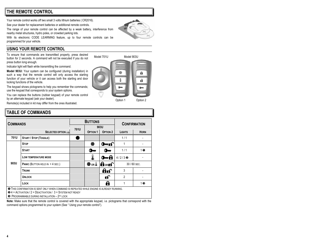 The remote control, Table of commands, Using your remote control | AstroStart 903U User Manual | Page 6 / 12