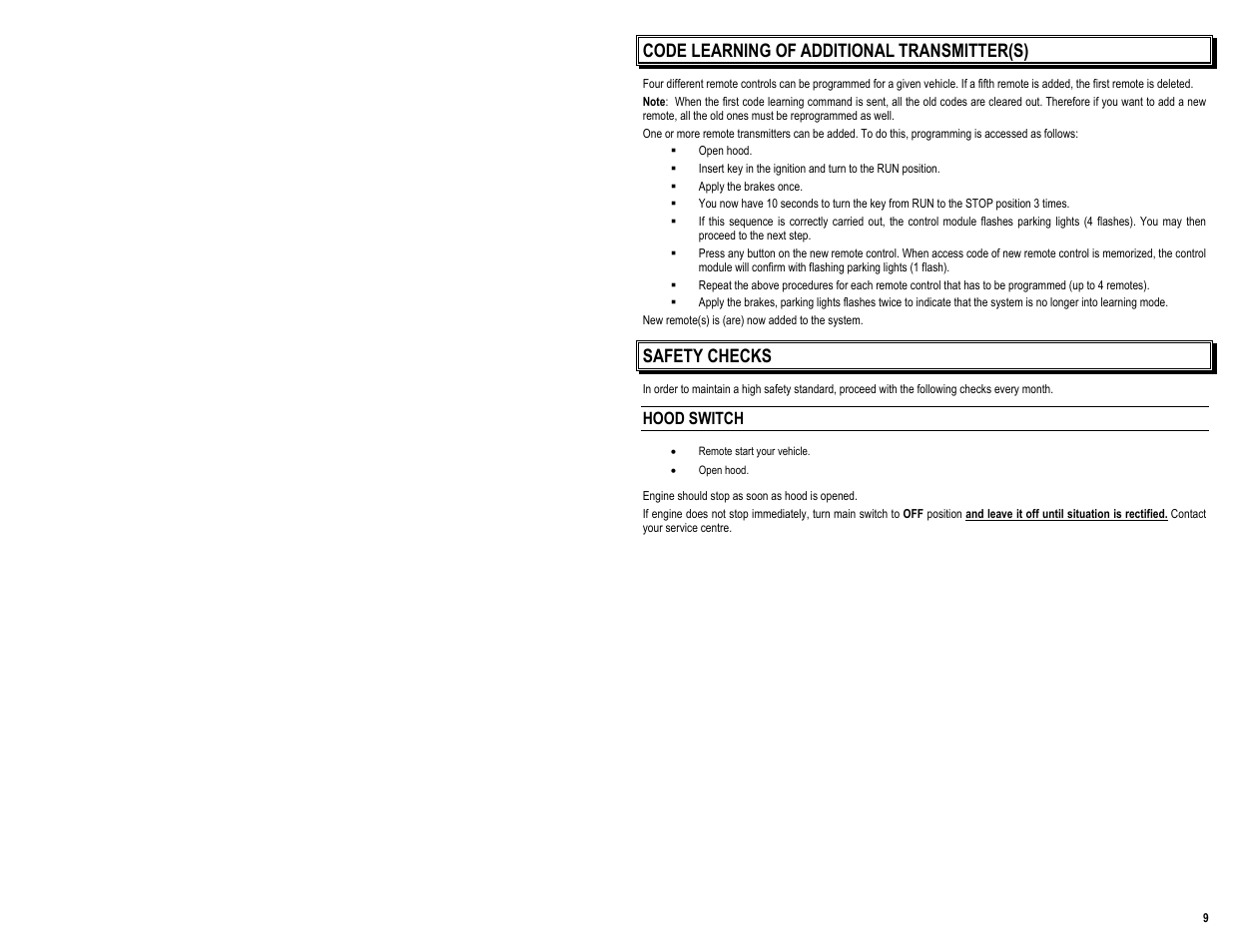 Code learning of additional transmitter(s), Safety checks, Hood switch | AstroStart RS-611 User Manual | Page 11 / 12