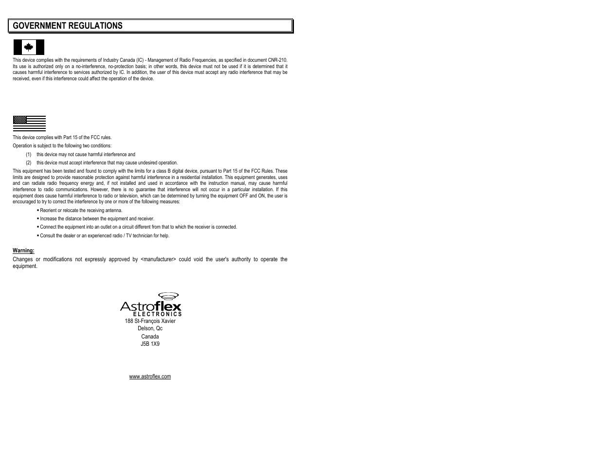 Government regulations | AstroStart RS-611 User Manual | Page 2 / 12