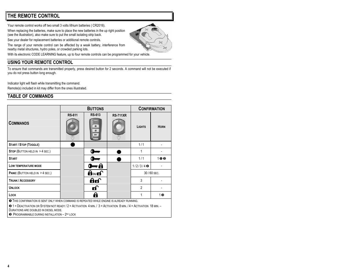 The remote control, Using your remote control, Table of commands | AstroStart RS-611 User Manual | Page 6 / 12
