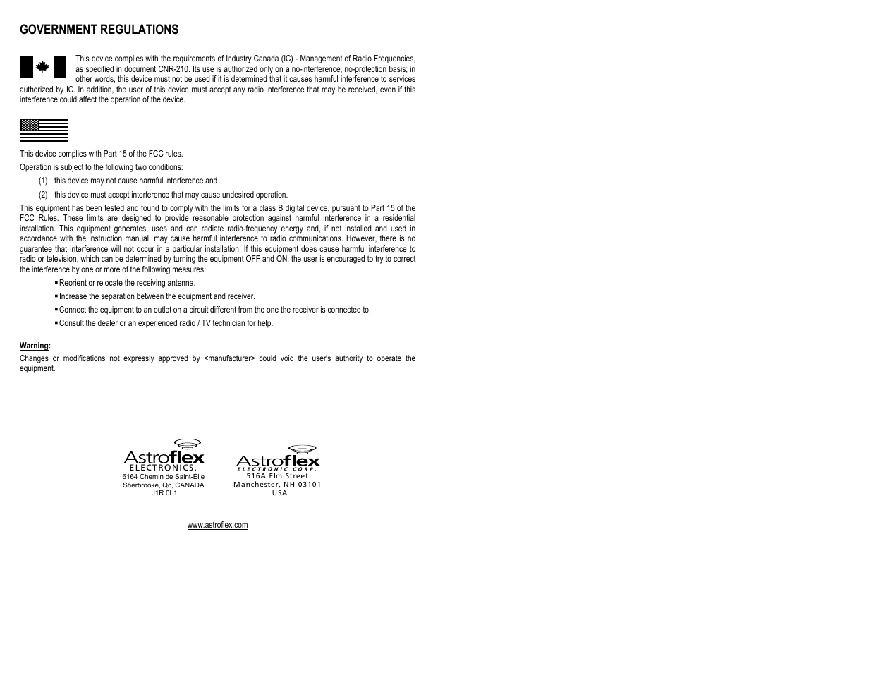 Government regulations | AstroStart 2305A User Manual | Page 2 / 24