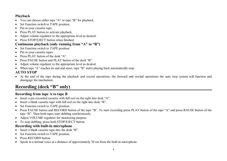 Recording (deck only) | Hyundai H-2204 User Manual | Page 4 / 9
