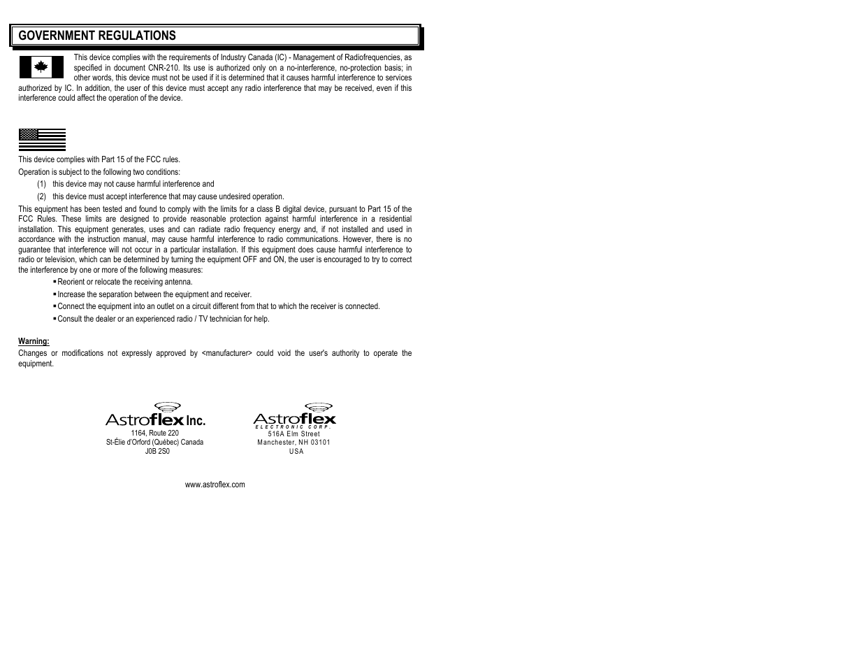 Government regulations | AstroStart 1105U User Manual | Page 2 / 20