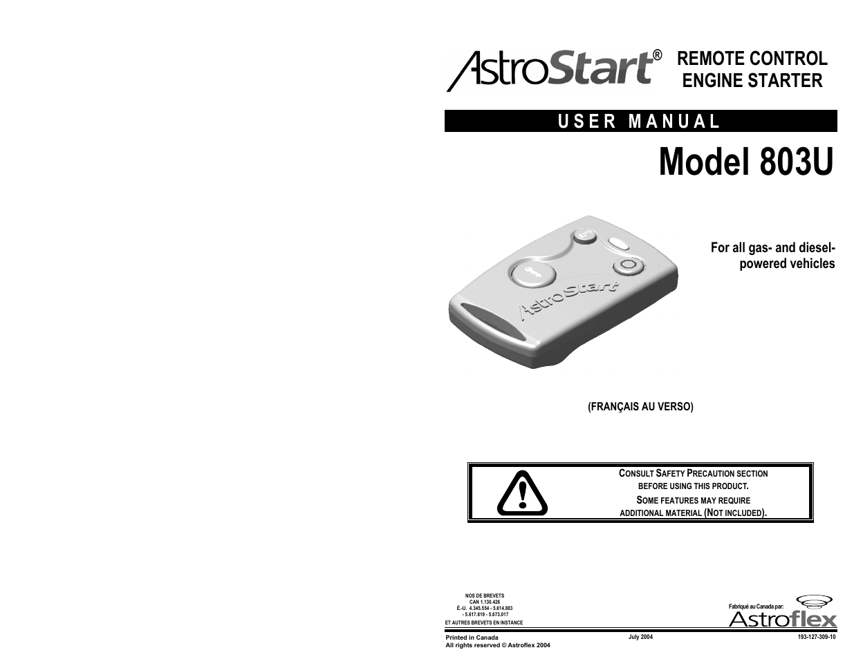 AstroStart 803U User Manual | 12 pages