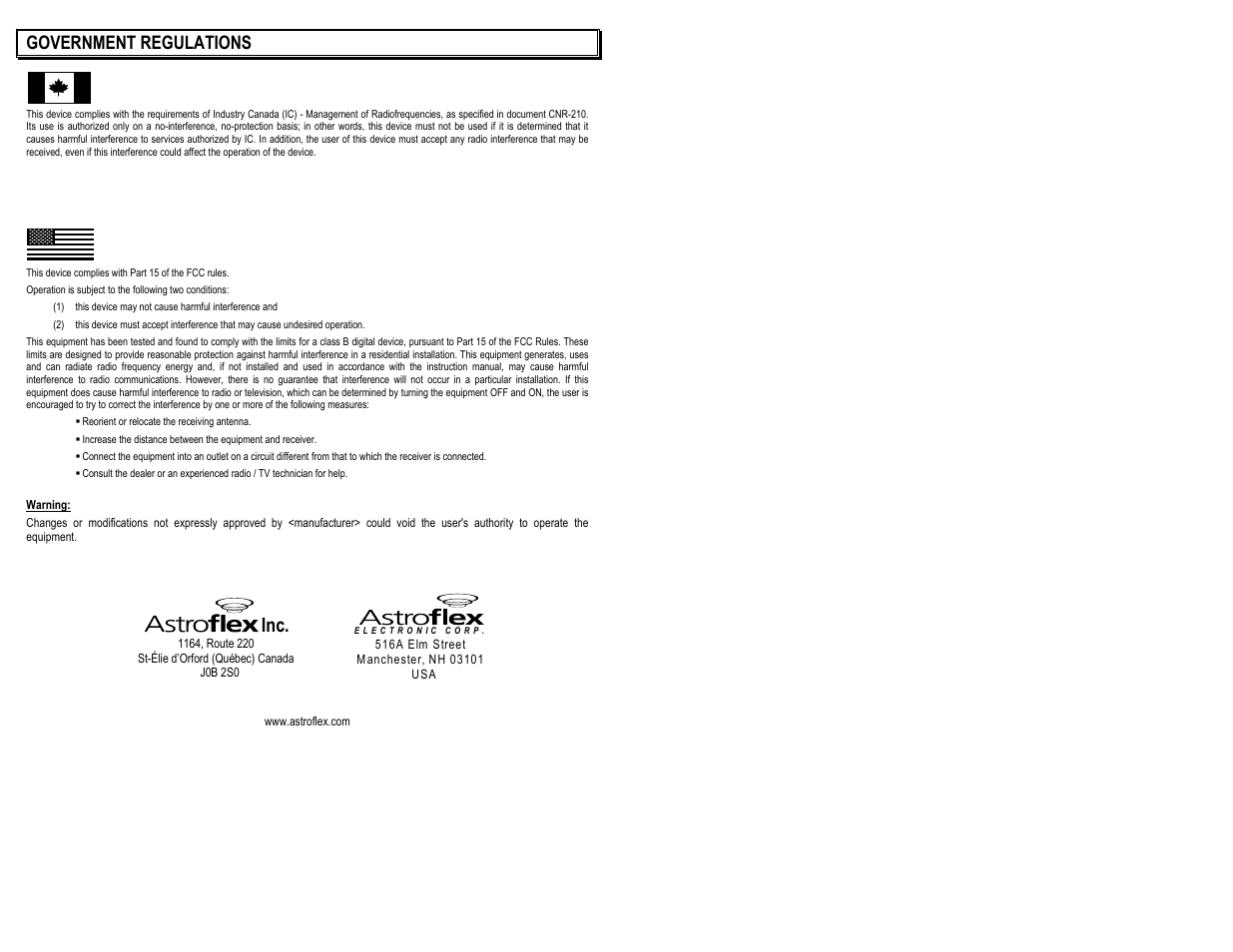 Government regulations | AstroStart 803U User Manual | Page 2 / 12