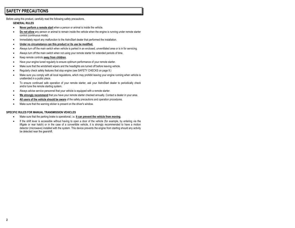 Safety precautions | AstroStart 803U User Manual | Page 4 / 12