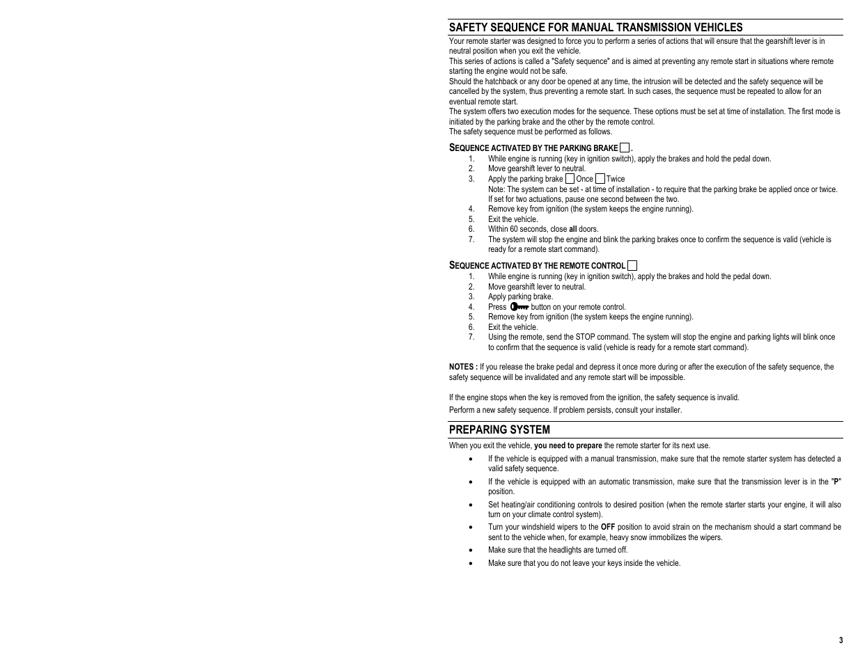 Safety sequence for manual transmission vehicles, Preparing system | AstroStart 803U User Manual | Page 5 / 12