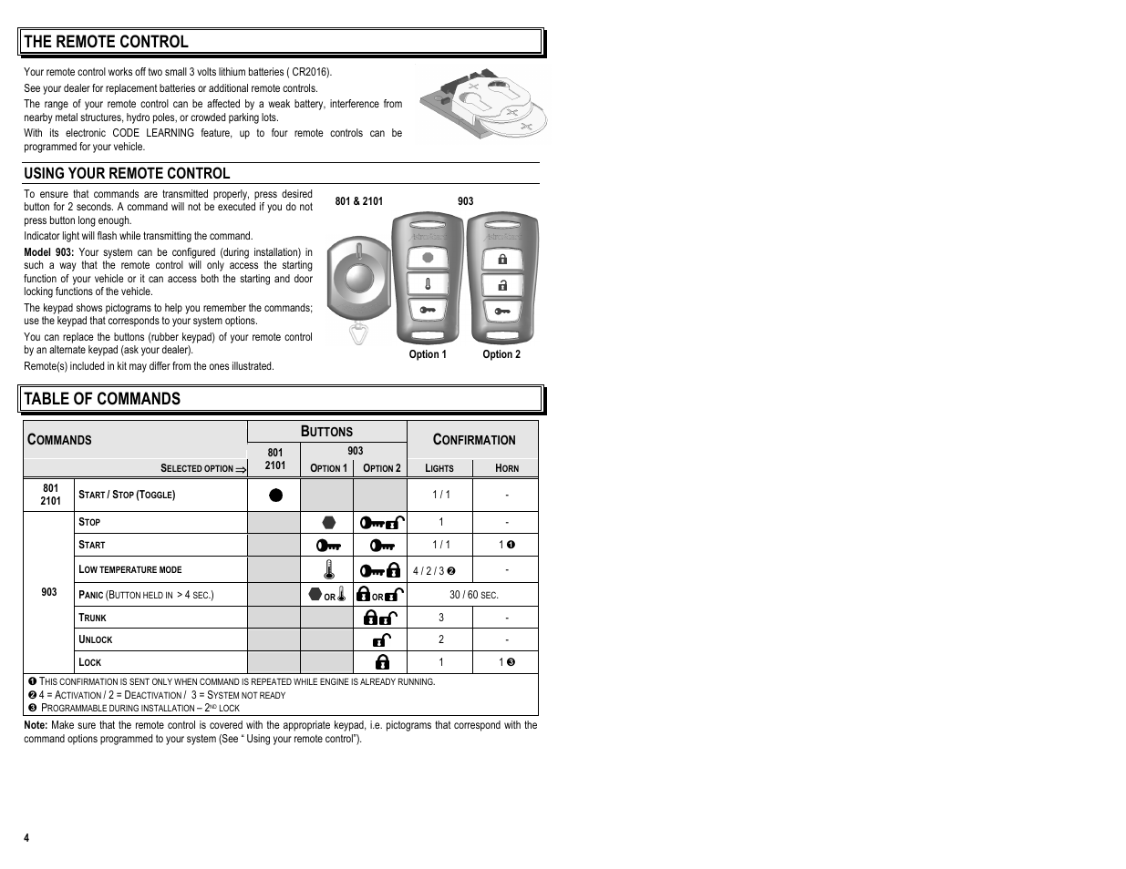 The remote control, Table of commands, Using your remote control | AstroStart 903 User Manual | Page 6 / 12