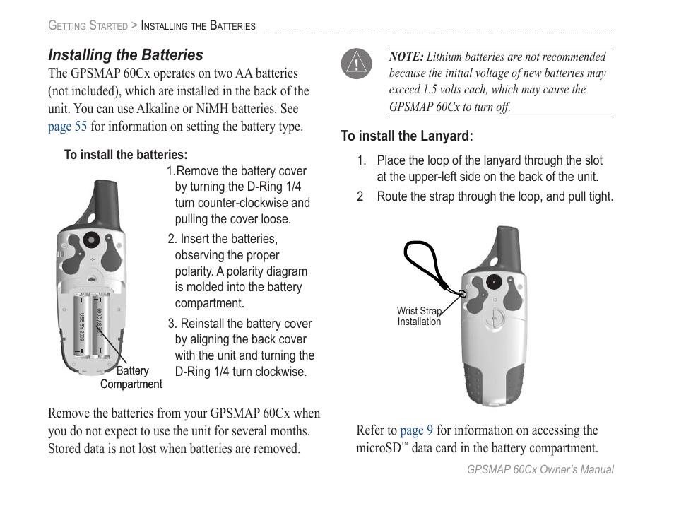 Installing the batteries, Data card in the battery compartment | Garmin GPSMAP 60Cx User Manual | Page 12 / 100