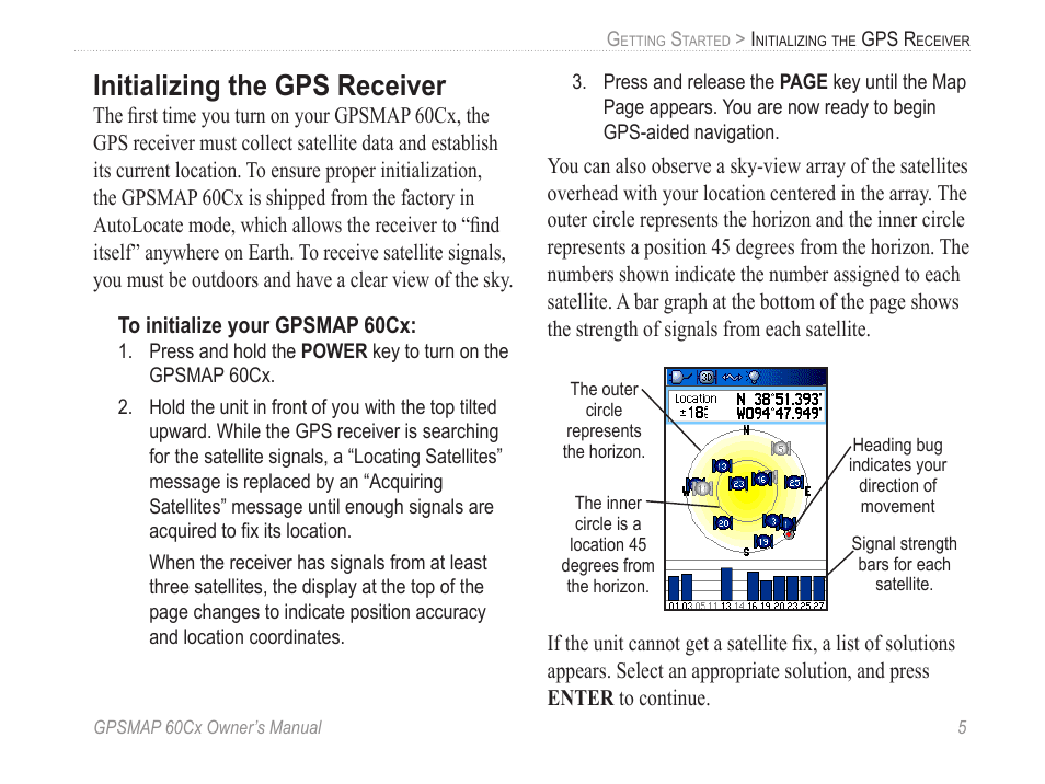 Initializing the gps receiver | Garmin GPSMAP 60Cx User Manual | Page 15 / 100