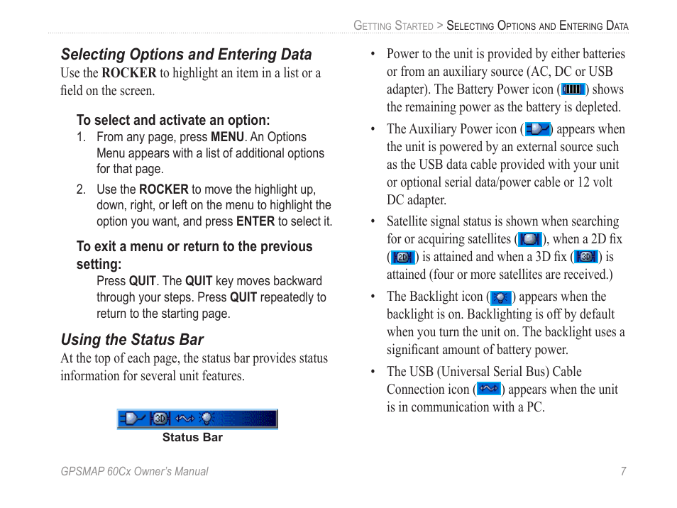 Selecting options and entering data, Using the status bar | Garmin GPSMAP 60Cx User Manual | Page 17 / 100