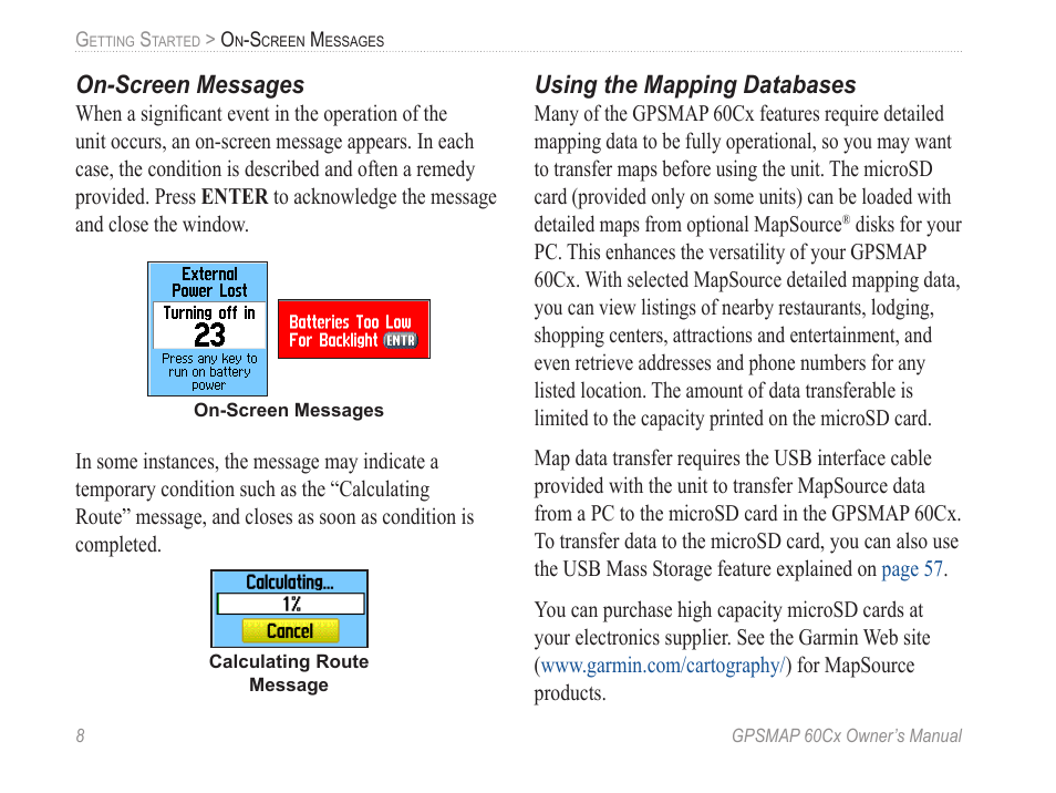 On-screen messages, Using the mapping databases | Garmin GPSMAP 60Cx User Manual | Page 18 / 100