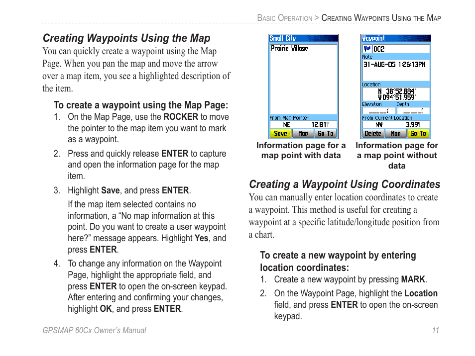 Creating waypoints using the map, Creating a waypoint using coordinates | Garmin GPSMAP 60Cx User Manual | Page 21 / 100