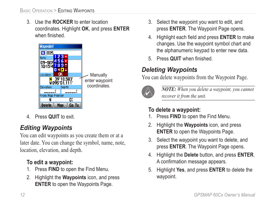 Editing waypoints, Deleting waypoints | Garmin GPSMAP 60Cx User Manual | Page 22 / 100