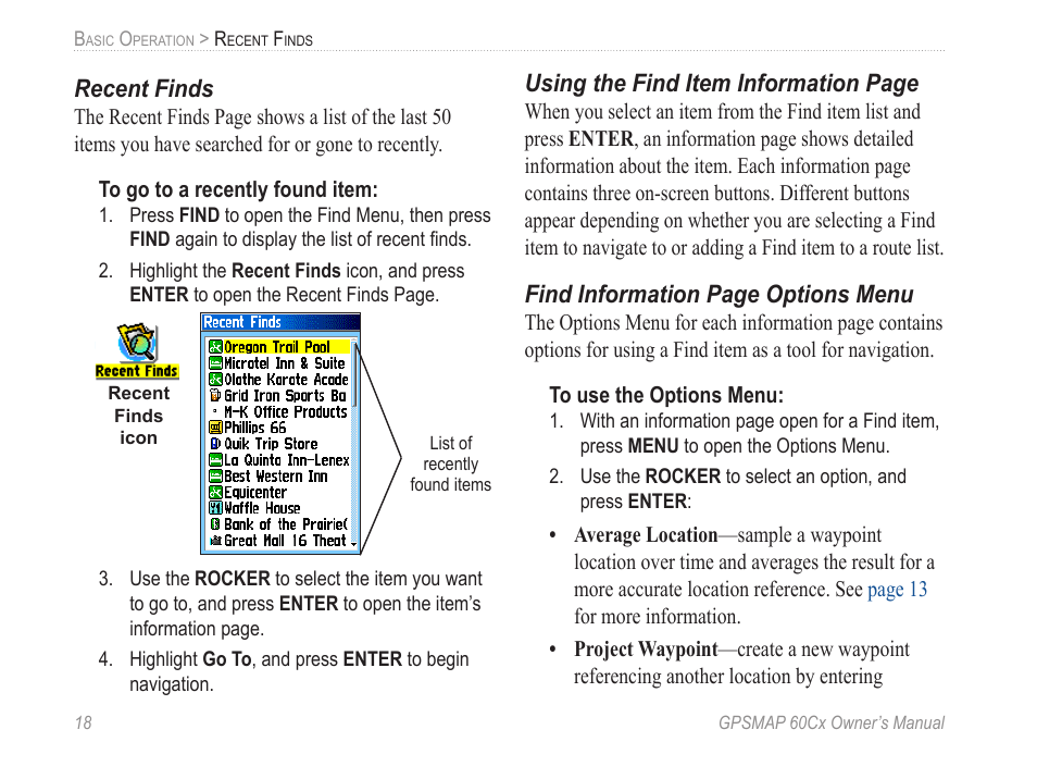 Recent finds, Using the find item information page, Find information page options menu | Garmin GPSMAP 60Cx User Manual | Page 28 / 100
