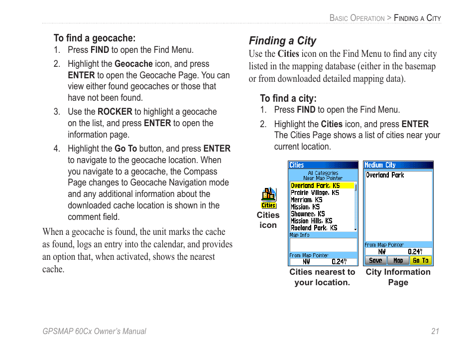 Finding a city | Garmin GPSMAP 60Cx User Manual | Page 31 / 100