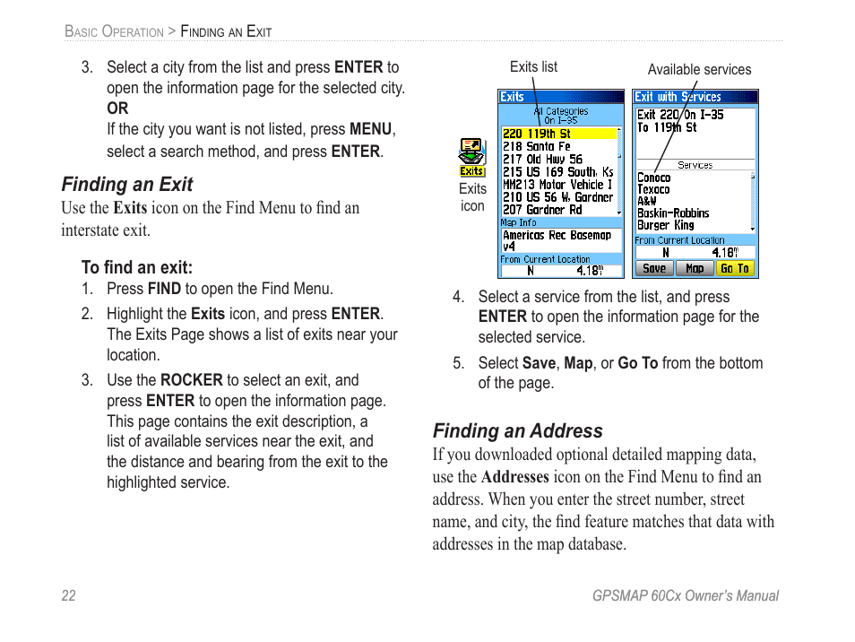 Finding an exit, Finding an address | Garmin GPSMAP 60Cx User Manual | Page 32 / 100