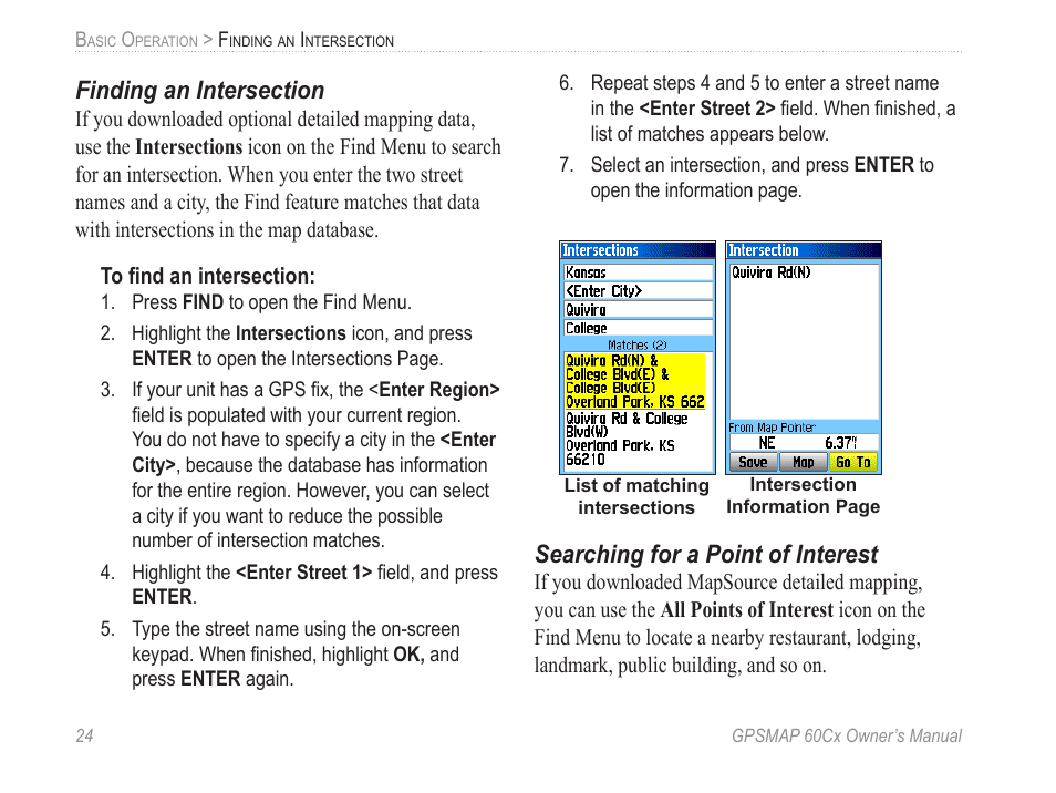 Finding an intersection, Searching for a point of interest | Garmin GPSMAP 60Cx User Manual | Page 34 / 100