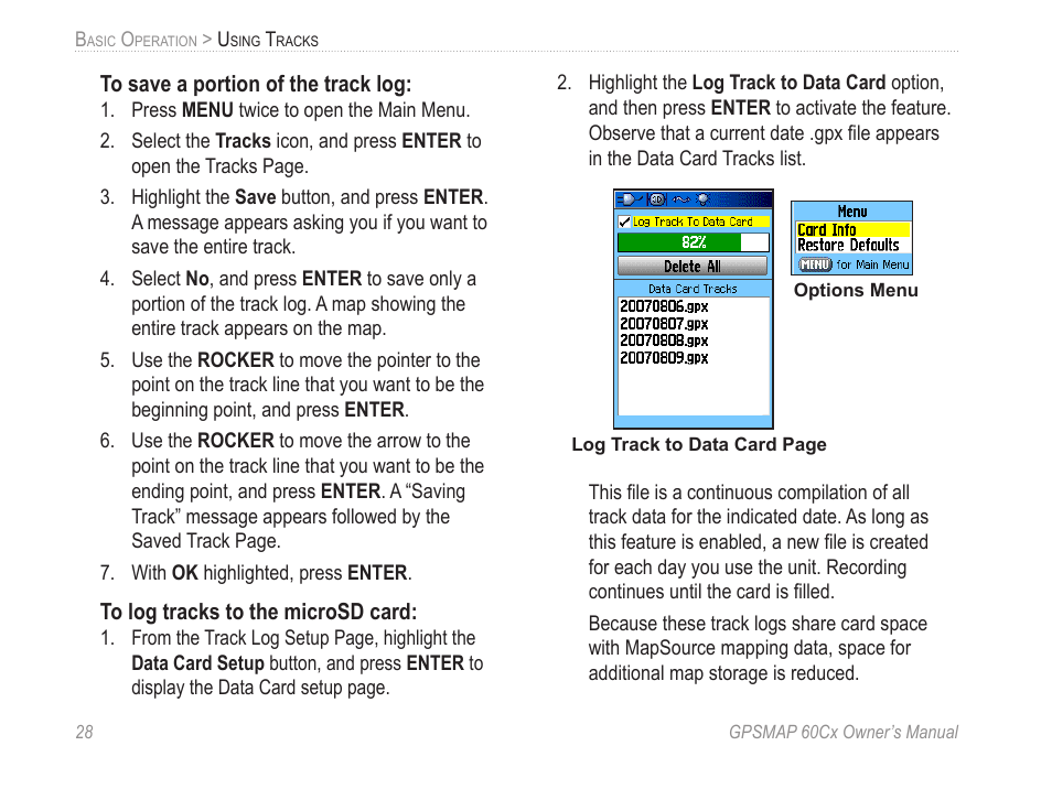 Options menu | Garmin GPSMAP 60Cx User Manual | Page 38 / 100