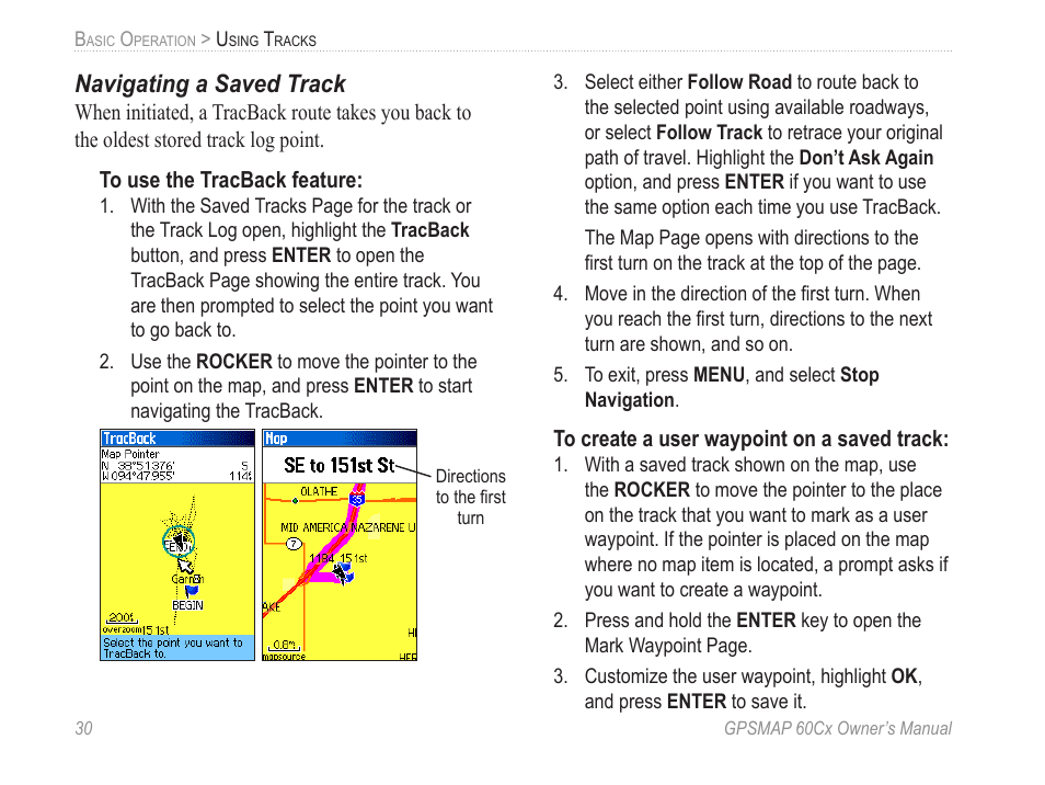 Navigating a saved track | Garmin GPSMAP 60Cx User Manual | Page 40 / 100