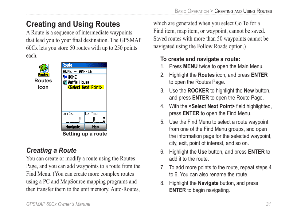 Creating and using routes, Creating a route, Routes” on | Garmin GPSMAP 60Cx User Manual | Page 41 / 100