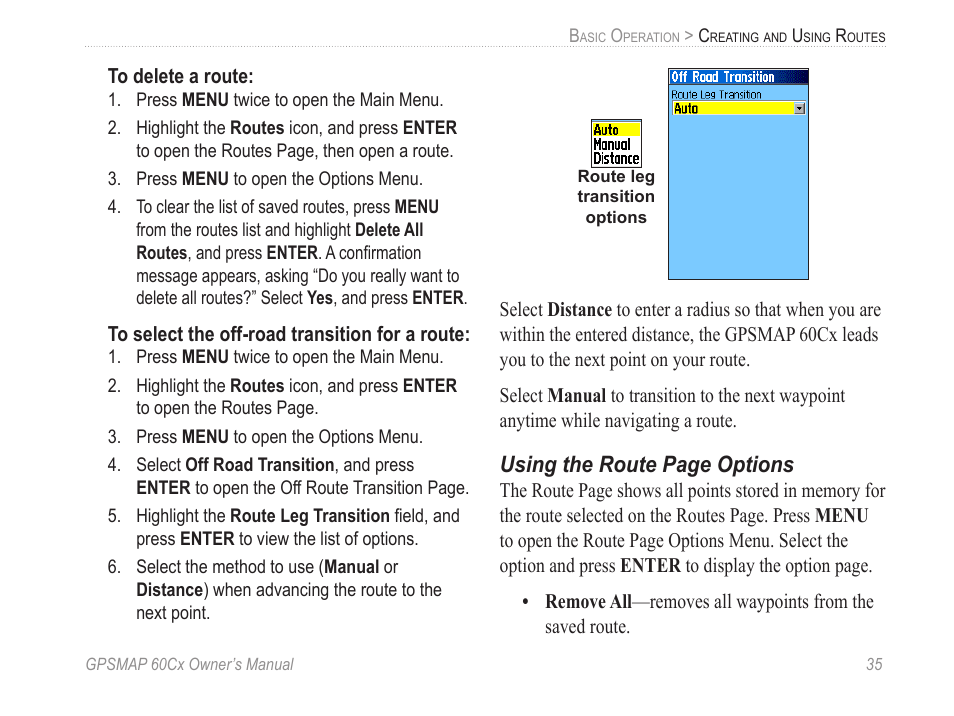 Using the route page options | Garmin GPSMAP 60Cx User Manual | Page 45 / 100