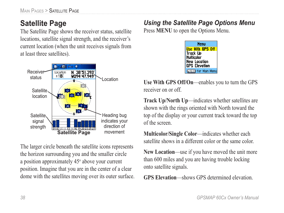 Satellite page, Using the satellite page options menu | Garmin GPSMAP 60Cx User Manual | Page 48 / 100