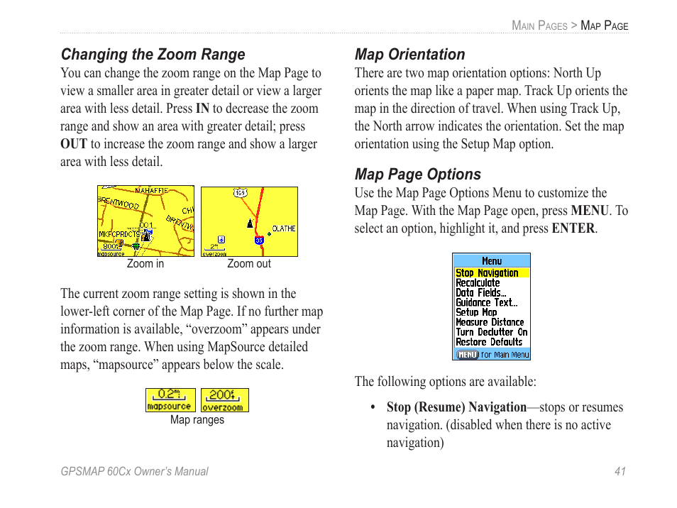 Changing the zoom range, Map orientation | Garmin GPSMAP 60Cx User Manual | Page 51 / 100