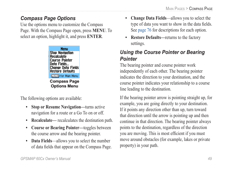 Using the course pointer or bearing pointer | Garmin GPSMAP 60Cx User Manual | Page 59 / 100