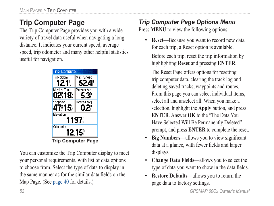 Trip computer page | Garmin GPSMAP 60Cx User Manual | Page 62 / 100