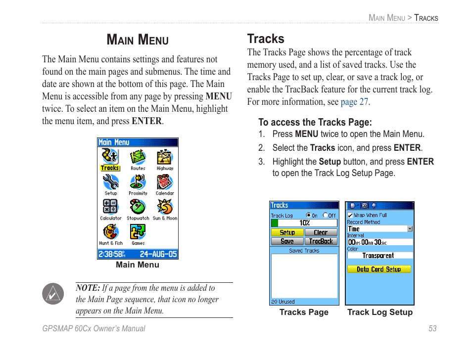 Main menu, Tracks | Garmin GPSMAP 60Cx User Manual | Page 63 / 100