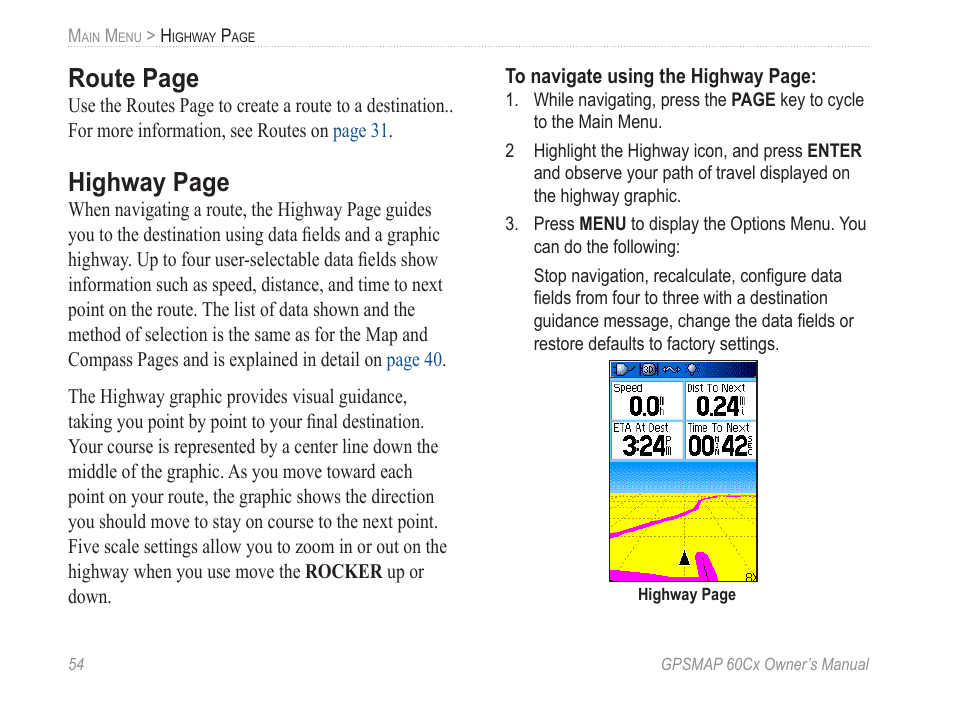 Route page, Highway page | Garmin GPSMAP 60Cx User Manual | Page 64 / 100