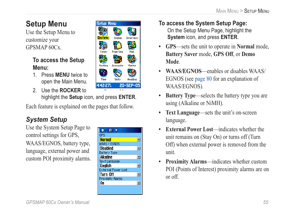 Setup menu, System setup, For information on setting the battery type | Garmin GPSMAP 60Cx User Manual | Page 65 / 100
