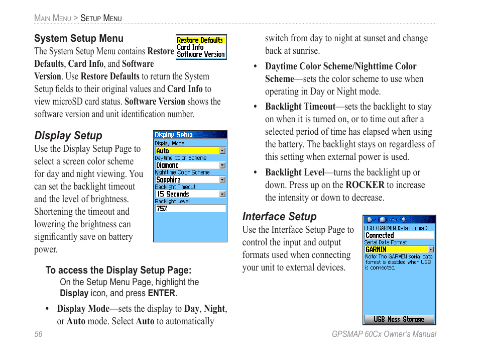 Display setup, Interface setup | Garmin GPSMAP 60Cx User Manual | Page 66 / 100