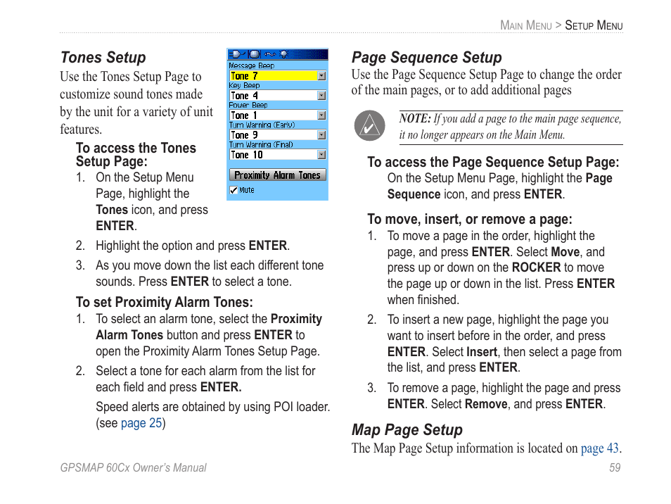 Tones setup, Page sequence setup, Map page setup | Garmin GPSMAP 60Cx User Manual | Page 69 / 100