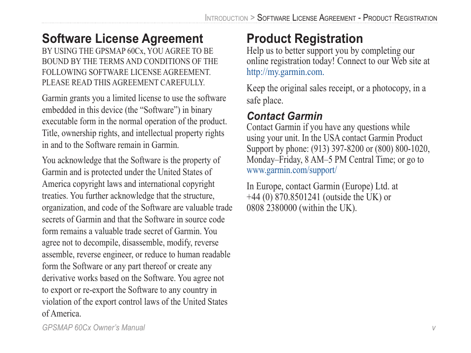 Software license agreement, Product registration, Contact garmin | Tell us what you think | Garmin GPSMAP 60Cx User Manual | Page 7 / 100