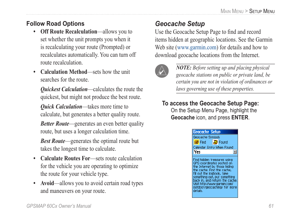 Geocache setup | Garmin GPSMAP 60Cx User Manual | Page 71 / 100