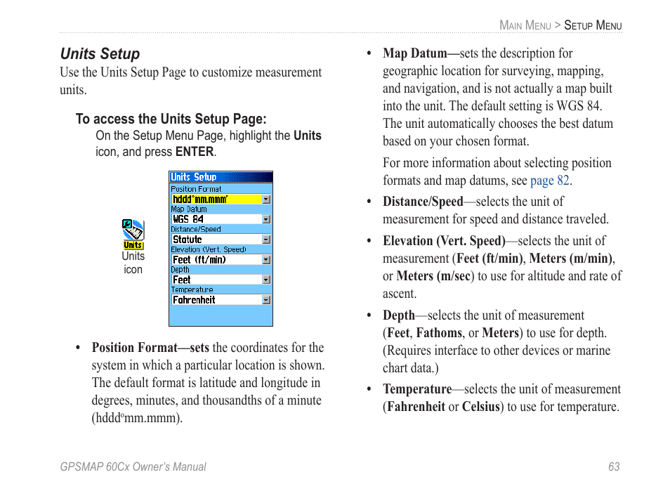 Units setup | Garmin GPSMAP 60Cx User Manual | Page 73 / 100