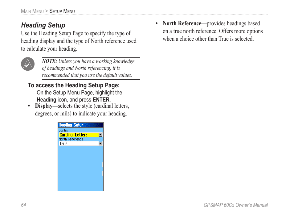 Heading setup | Garmin GPSMAP 60Cx User Manual | Page 74 / 100