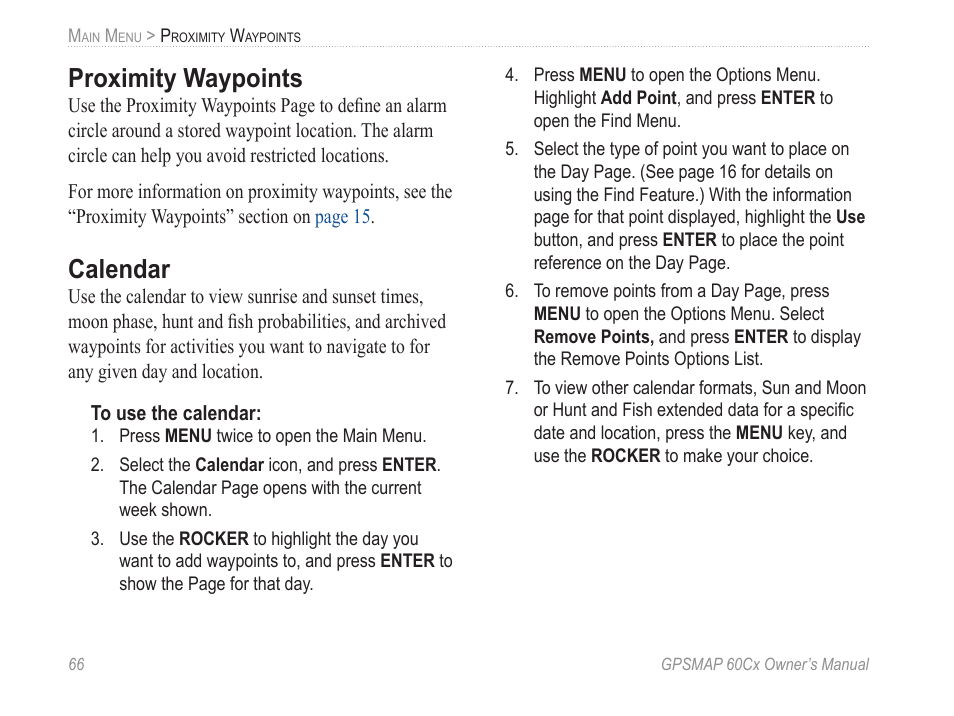 Proximity waypoints, Calendar | Garmin GPSMAP 60Cx User Manual | Page 76 / 100