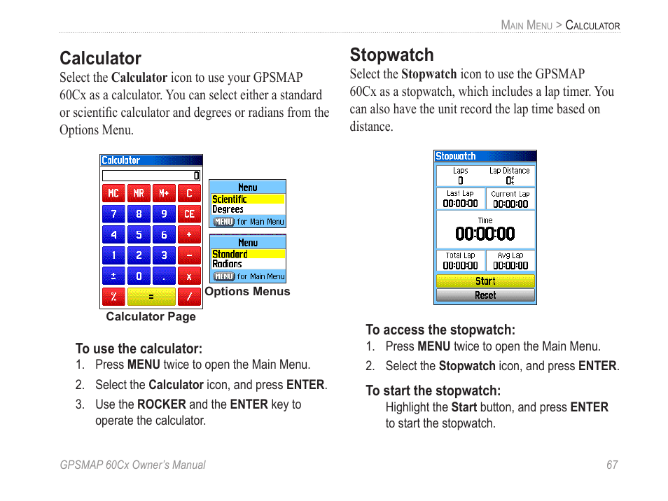 Calculator, Stopwatch | Garmin GPSMAP 60Cx User Manual | Page 77 / 100