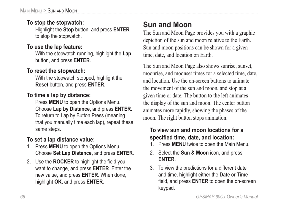 Sun and moon, Tables for this item location. see | Garmin GPSMAP 60Cx User Manual | Page 78 / 100