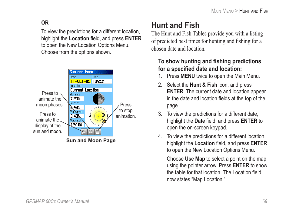 Hunt and fish, Tables for this item location. see | Garmin GPSMAP 60Cx User Manual | Page 79 / 100