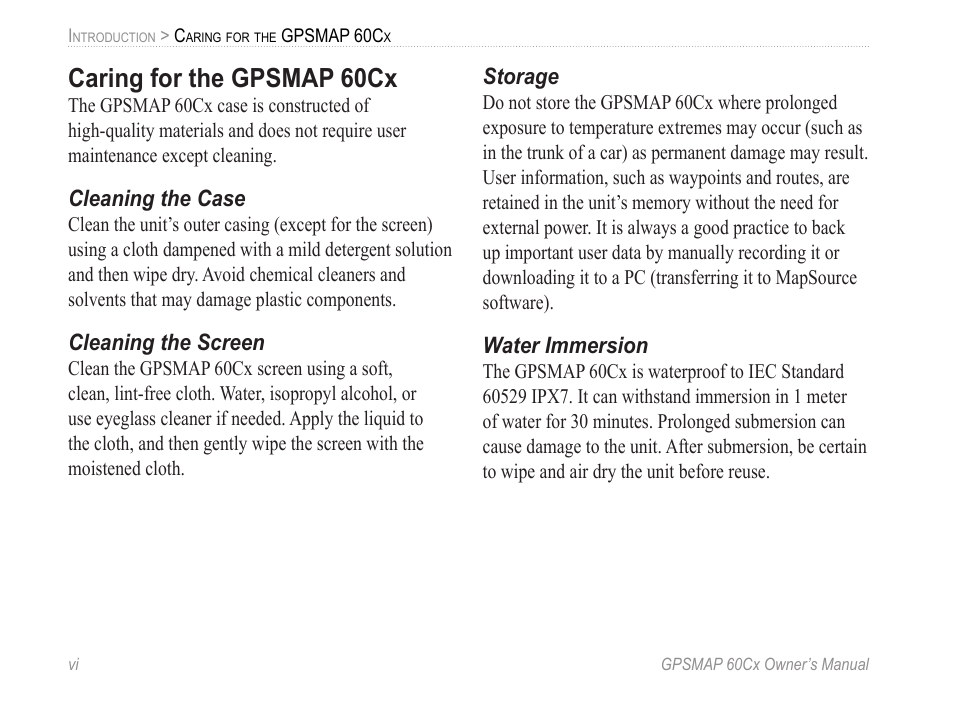 Caring for the gpsmap 60cx, Cleaning the case, Cleaning the screen | Storage, Water immersion | Garmin GPSMAP 60Cx User Manual | Page 8 / 100
