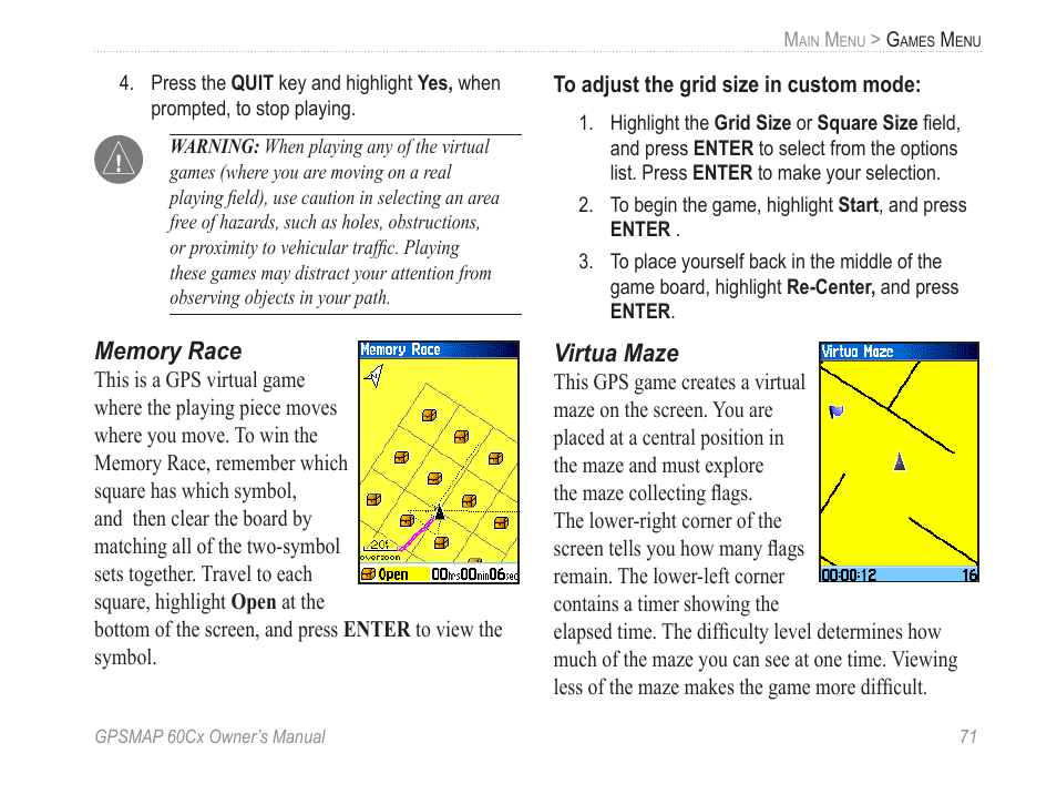 Memory race, Virtua maze | Garmin GPSMAP 60Cx User Manual | Page 81 / 100