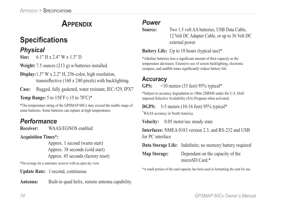 Appendix, Specifications, Physical | Performance, Power, Ppendix | Garmin GPSMAP 60Cx User Manual | Page 84 / 100