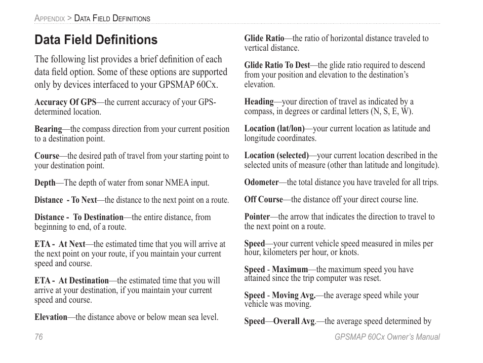 In the, Data field definitions | Garmin GPSMAP 60Cx User Manual | Page 86 / 100