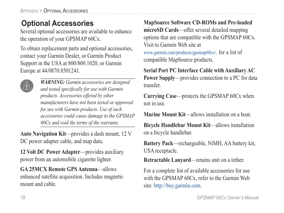 Optional accessories | Garmin GPSMAP 60Cx User Manual | Page 88 / 100
